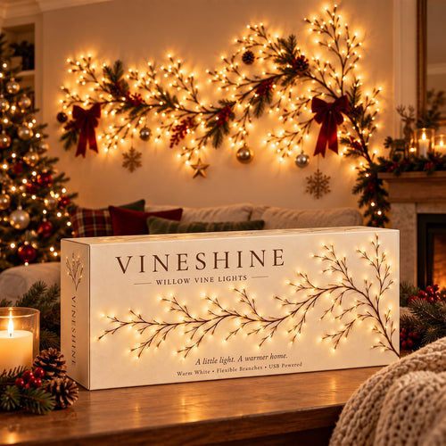 VineShine wall light glowing above a sofa with its gift box